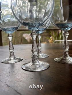 Vintage Set Of 4 Fostoria Wilma Blue Clear Crystal Magnum Balloon Wine Glasses