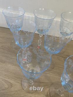 Vintage Set Of 8 Fostoria Crystal NAVARRE Blue Wine Glasses Drinking Goblets
