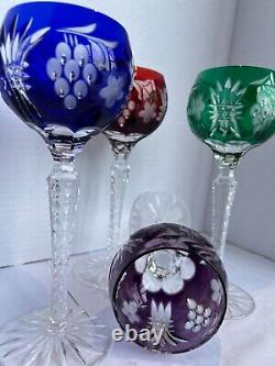 Vintage Set of 4- Cut-Crystal Multi-Color Wine Glasses