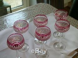 Vintage Val St Lambert Cranberry cut to clear crystal Hock Glasses c 1925