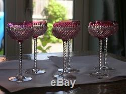 Vintage Val St Lambert Cranberry cut to clear crystal Hock Glasses c 1925
