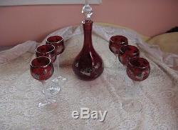 Vntg Bohemian 8 Pc Red Crystal Decanter Sterling Silver Art 6 Wine Goblets NICE