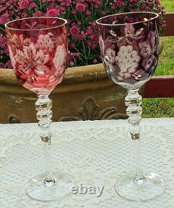 Vtg. Ajka Magdas Pride Etched Crystal Wine Stem/glass Lotcranberry And Amythest