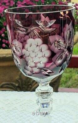 Vtg. Ajka Magdas Pride Etched Crystal Wine Stem/glass Lotcranberry And Amythest