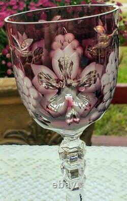 Vtg. Ajka Magdas Pride Etched Crystal Wine Stem/glass Lotcranberry And Amythest