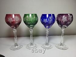 Vtg Bohemian Czech Crystal Hock Wine Glasses Set 4 Goblets Cut to Clear Crystal