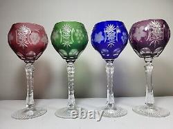 Vtg Bohemian Czech Crystal Hock Wine Glasses Set 4 Goblets Cut to Clear Crystal