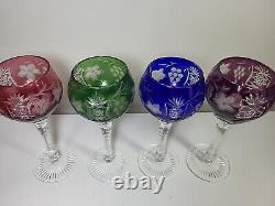 Vtg Bohemian Czech Crystal Hock Wine Glasses Set 4 Goblets Cut to Clear Crystal