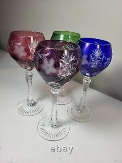 Vtg Bohemian Czech Crystal Hock Wine Glasses Set 4 Goblets Cut to Clear Crystal