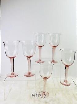 Vtg Hand Blown Pink Rose Glass Water Wine Goblets Glasses LARGE Set Of 6 HTF 9.5