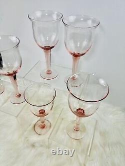 Vtg Hand Blown Pink Rose Glass Water Wine Goblets Glasses LARGE Set Of 6 HTF 9.5