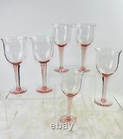 Vtg Hand Blown Pink Rose Glass Water Wine Goblets Glasses LARGE Set Of 6 HTF 9.5