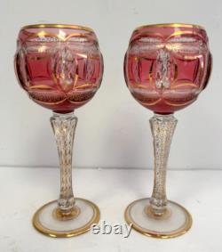 Vtg Moser Bohemian Crandberry Crystal Goblets Wine Glasses 8 H withGold Accents