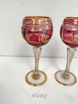 Vtg Moser Bohemian Crandberry Crystal Goblets Wine Glasses 8 H withGold Accents