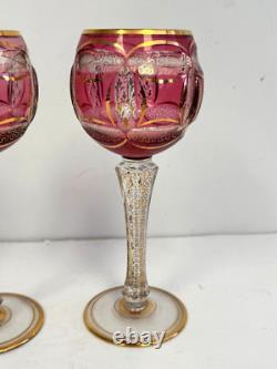Vtg Moser Bohemian Crandberry Crystal Goblets Wine Glasses 8 H withGold Accents