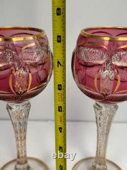 Vtg Moser Bohemian Crandberry Crystal Goblets Wine Glasses 8 H withGold Accents