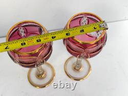 Vtg Moser Bohemian Crandberry Crystal Goblets Wine Glasses 8 H withGold Accents