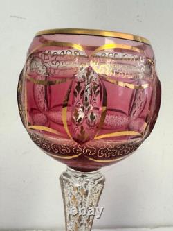 Vtg Moser Bohemian Crandberry Crystal Goblets Wine Glasses 8 H withGold Accents