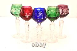 Vtg Set 5 Bohemian Czech Cut To Clear Crystal Cordial Wine Glasses Multi Color