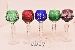 Vtg Set 5 Bohemian Czech Cut To Clear Crystal Cordial Wine Glasses Multi Color