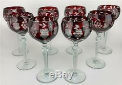 Vtg Set 8 RARE AJKA MERTISE RUBY Cut to Clear Bohemian Crystal Wine Hock Goblets