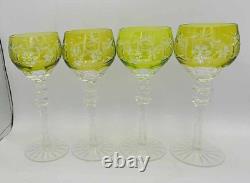 Vtg Set of 4 Bohemian Yellow Cut-to-Clear Crystal Wine Glasses Grape 8.25