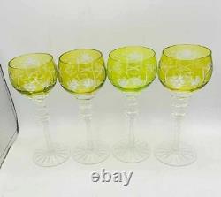 Vtg Set of 4 Bohemian Yellow Cut-to-Clear Crystal Wine Glasses Grape 8.25