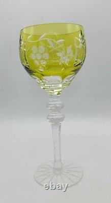 Vtg Set of 4 Bohemian Yellow Cut-to-Clear Crystal Wine Glasses Grape 8.25