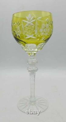 Vtg Set of 4 Bohemian Yellow Cut-to-Clear Crystal Wine Glasses Grape 8.25