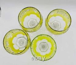 Vtg Set of 4 Bohemian Yellow Cut-to-Clear Crystal Wine Glasses Grape 8.25