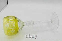 Vtg Set of 4 Bohemian Yellow Cut-to-Clear Crystal Wine Glasses Grape 8.25