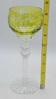 Vtg Set of 4 Bohemian Yellow Cut-to-Clear Crystal Wine Glasses Grape 8.25