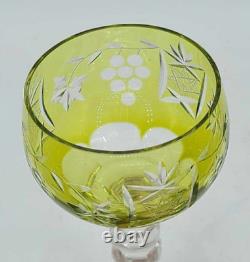 Vtg Set of 4 Bohemian Yellow Cut-to-Clear Crystal Wine Glasses Grape 8.25