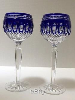 Waterford Crystal CUT TO CLEAR Pair (2) Wine Glasses Clarendon Cobalt Blue Mint