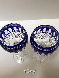 Waterford Crystal CUT TO CLEAR Pair (2) Wine Glasses Clarendon Cobalt Blue Mint