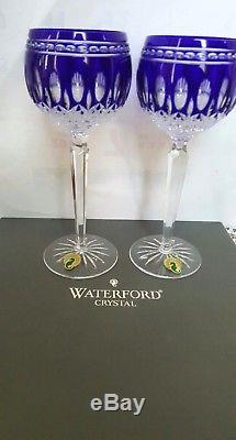 Waterford Crystal Clarendon Cobalt Blue Wine Hock Glass Pair New in Box