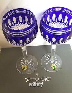 Waterford Crystal Clarendon Cobalt Blue Wine Hock Glass Pair New in Box