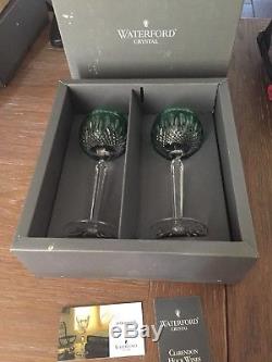 Waterford Crystal Clarendon Hock Wine Glasses Emerald Green Set 2 + Box New