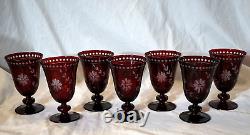 Williams Sonoma 7 Garnet Etched Vintage Wine Water Glasses 5 1/2 Cut Crystal