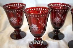 Williams Sonoma 7 Garnet Etched Vintage Wine Water Glasses 5 1/2 Cut Crystal