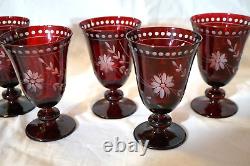 Williams Sonoma 7 Garnet Etched Vintage Wine Water Glasses 5 1/2 Cut Crystal