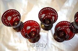 Williams Sonoma 7 Garnet Etched Vintage Wine Water Glasses 5 1/2 Cut Crystal