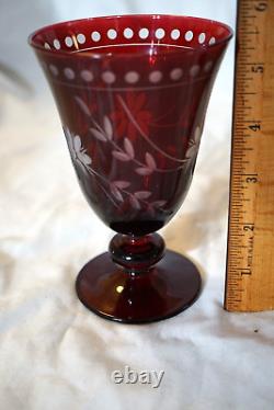 Williams Sonoma 7 Garnet Etched Vintage Wine Water Glasses 5 1/2 Cut Crystal