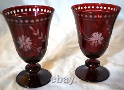 Williams Sonoma 7 Garnet Etched Vintage Wine Water Glasses 5 1/2 Cut Crystal