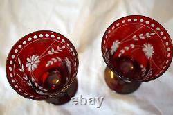 Williams Sonoma 7 Garnet Etched Vintage Wine Water Glasses 5 1/2 Cut Crystal