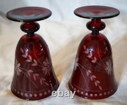 Williams Sonoma 7 Garnet Etched Vintage Wine Water Glasses 5 1/2 Cut Crystal