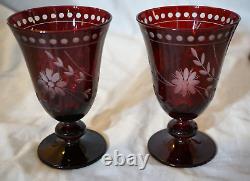 Williams Sonoma 7 Garnet Etched Vintage Wine Water Glasses 5 1/2 Cut Crystal