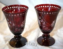 Williams Sonoma 7 Garnet Etched Vintage Wine Water Glasses 5 1/2 Cut Crystal