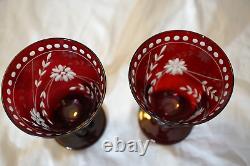 Williams Sonoma 7 Garnet Etched Vintage Wine Water Glasses 5 1/2 Cut Crystal