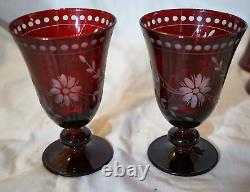 Williams Sonoma 7 Garnet Etched Vintage Wine Water Glasses 5 1/2 Cut Crystal